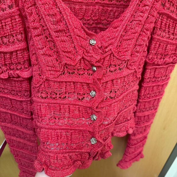 Free People pink crochet ruffle cardigan women's L - Picture 2 of 5